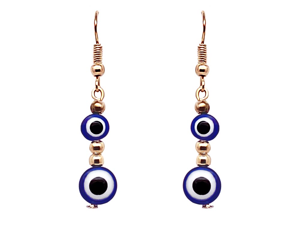 Handmade double round evil eye bead dangle earrings with metal seed beads in blue, white, black, and gold color combination.