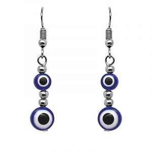 Handmade double round evil eye bead dangle earrings with metal seed beads in blue, white, black, and silver color combination.