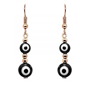 Handmade double round evil eye bead dangle earrings with metal seed beads in black, white, and gold color combination.