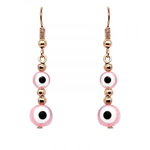 Handmade double round evil eye bead dangle earrings with metal seed beads in light pink, white, black, and gold color combination.