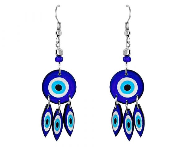 Handmade round-shaped blue evil eye acrylic earrings with long matching dangles and beaded metal hooks in blue, white, light blue, and black color combination.