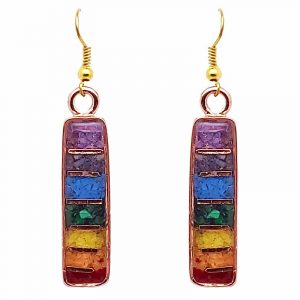 Handmad long rectangle-shaped striped acrylic resin, copper wire, and crushed chip stone inlay orgonite dangle earrings with 7 chakra rainbow striped pattern and copper metal setting.