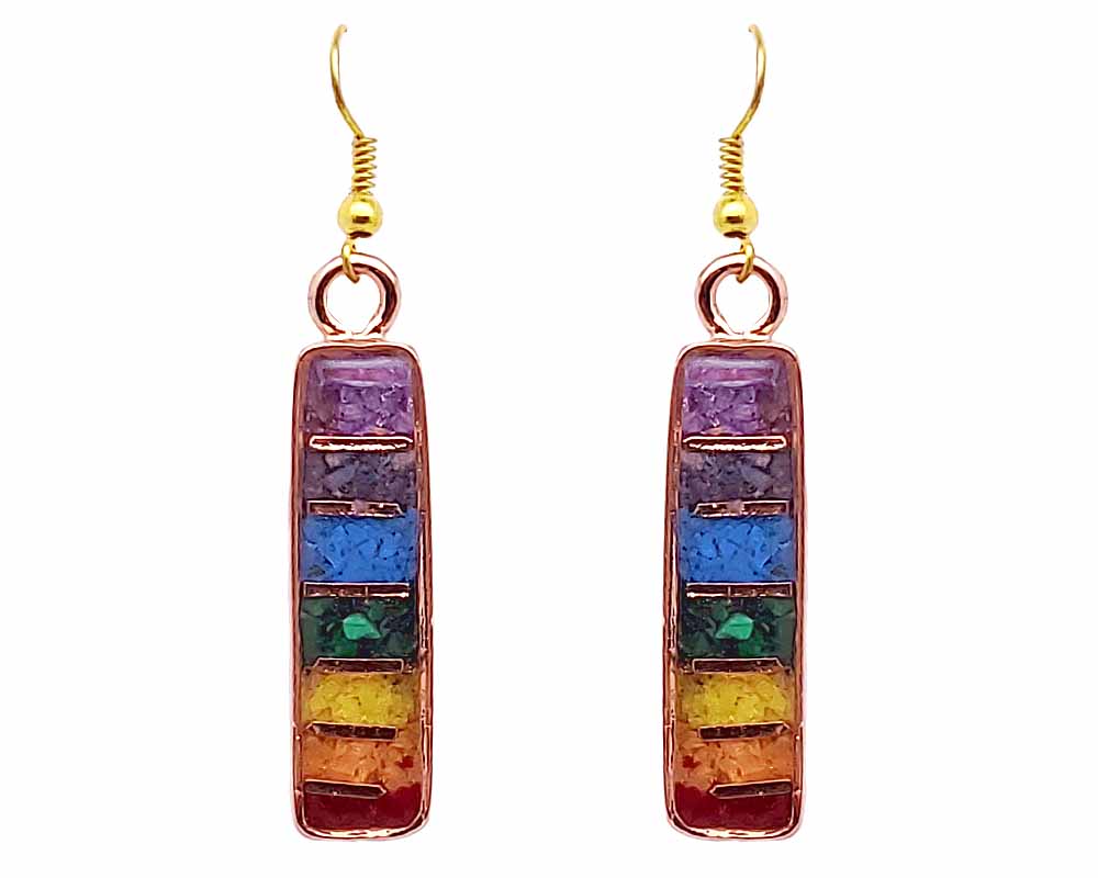 Handmad long rectangle-shaped striped acrylic resin, copper wire, and crushed chip stone inlay orgonite dangle earrings with 7 chakra rainbow striped pattern and copper metal setting.