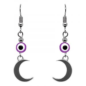 Handmade metal crescent moon charm dangle earrings with evil eye bead in purple, white, black, and silver color combination.