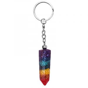 Handmade hexagonal-cut resin and crushed chip stone inlay crystal point orgonite keychain on silver metal keyring in 7 chakra striped rainbow colors.