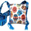 Handmade small square-shaped padded crossbody purse bag with woven tribal print striped pattern, multicolored floral Day of the Dead sugar skull design, and fringe in white, red, turquoise blue, golden yellow, and black color combination.