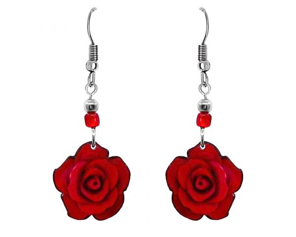 Handmade rose flower acrylic dangle earrings with beaded metal hooks in red and dark red color combination.