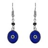Handmade mini oval-shaped resin and crushed chip stone inlay dangle earrings with round evil eye bead, alpaca silver metal setting, and beaded metal hooks in blue, white, and black color combination.