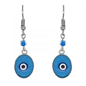 Handmade mini oval-shaped resin and crushed chip stone inlay dangle earrings with round evil eye bead, alpaca silver metal setting, and beaded metal hooks in turquoise, blue, white, and black color combination.