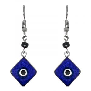 Handmade mini diamond-shaped resin and crushed chip stone inlay dangle earrings with round evil eye bead, alpaca silver metal setting, and beaded metal hooks in blue, white, and black color combination.