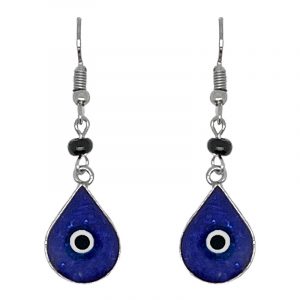 Handmade mini teardrop-shaped resin and crushed chip stone inlay dangle earrings with round evil eye bead, alpaca silver metal setting, and beaded metal hooks in blue, white, and black color combination.