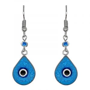 Handmade mini teardrop-shaped resin and crushed chip stone inlay dangle earrings with round evil eye bead, alpaca silver metal setting, and beaded metal hooks in turquoise, blue, white, and black color combination.