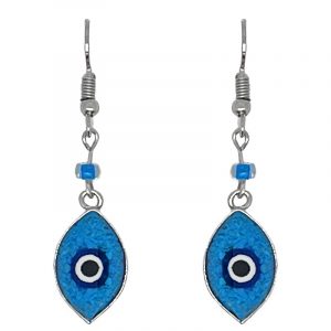 Handmade mini ellipse-shaped resin and crushed chip stone inlay dangle earrings with round evil eye bead, alpaca silver metal setting, and beaded metal hooks in turquoise, blue, white, and black color combination.