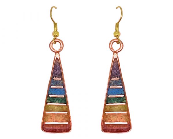 Handmade triangle-shaped acrylic resin, copper and gold-colored wire, and crushed chip stone inlay orgonite earrings with 7 chakra rainbow striped pattern and copper metal setting.