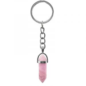 Handmade hexagonal-cut gemstone crystal point keychain with silver metal on silver metal key ring in light pink rose quartz.