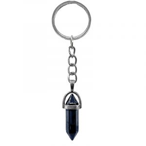 Handmade hexagonal-cut gemstone crystal point keychain with silver metal on silver metal key ring in dark gray hematite.