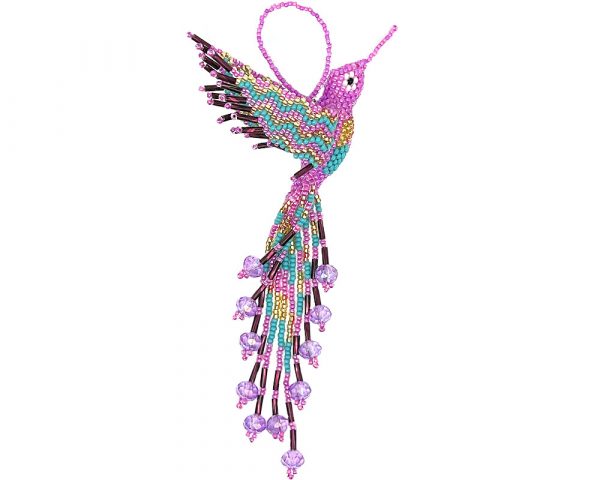 Handmade multicolored Czech glass seed bead hummingbird figurine hanging ornament with crystal beaded tail dangles in pink, gold, turquoise mint, and burgundy color combination.