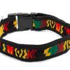 Handmade large pet dog collar with Aztec inspired tribal print pattern in Rasta colors.