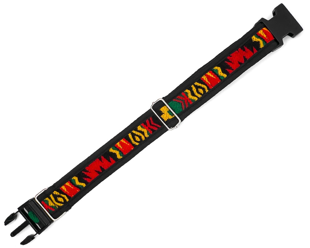 Handmade large pet dog collar with Aztec inspired tribal print pattern in Rasta colors.
