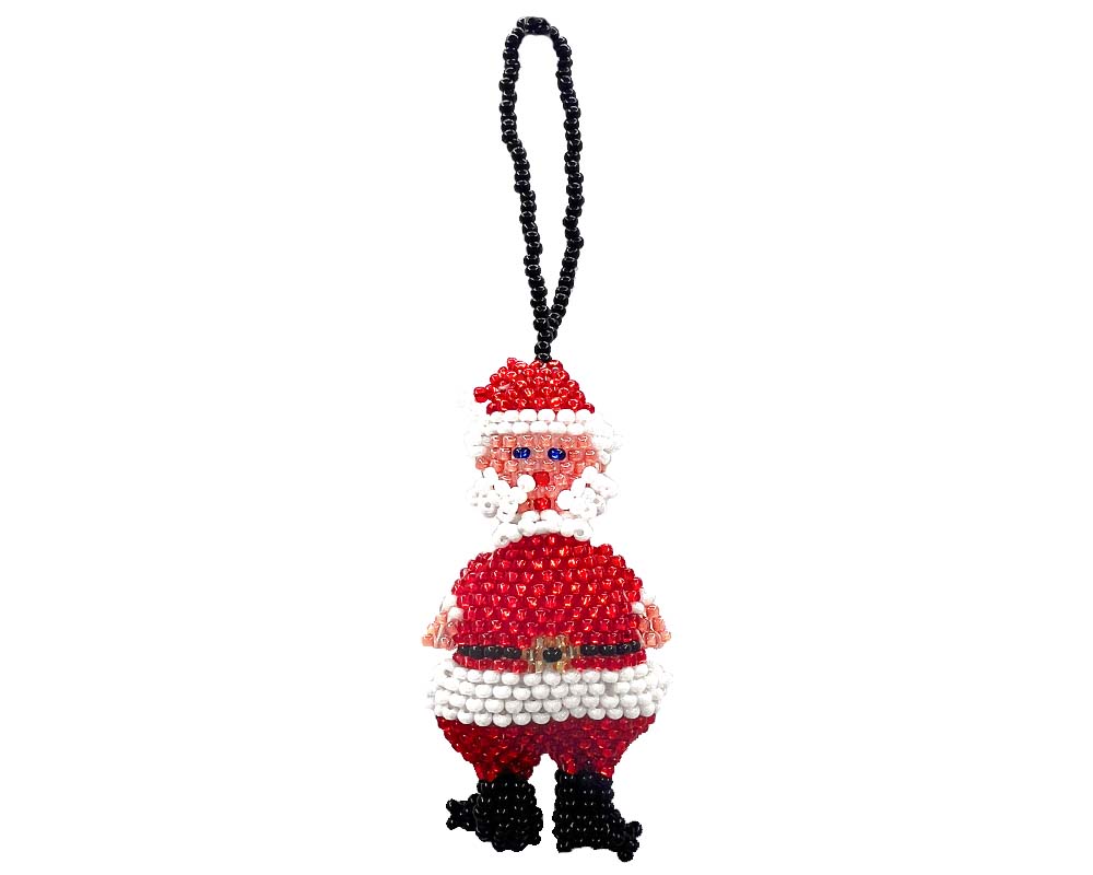 Handmade Czech glass seed bead Christmas figurine hanging ornament of a Santa Claus in red, white, peach, and black color combination.
