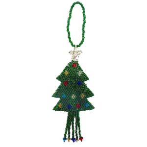 Handmade Czech glass seed bead Christmas figurine hanging ornament of a decorated tree in green, silver, and multicolored color combination.