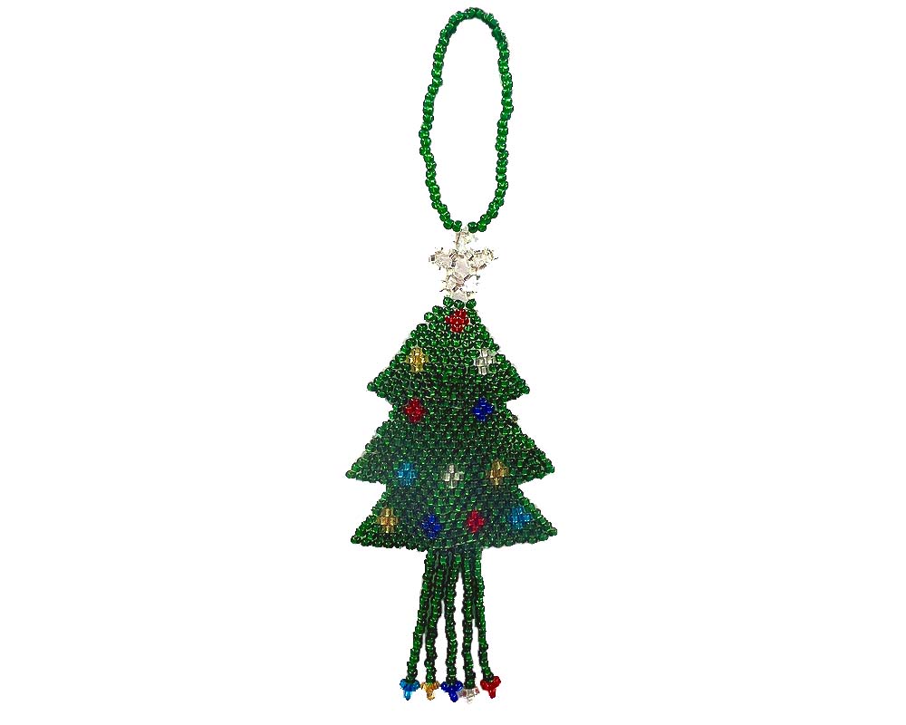 Handmade Czech glass seed bead Christmas figurine hanging ornament of a decorated tree in green, silver, and multicolored color combination.