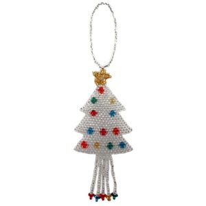 Handmade Czech glass seed bead Christmas figurine hanging ornament of a decorated tree in white silver, gold, and multicolored color combination.