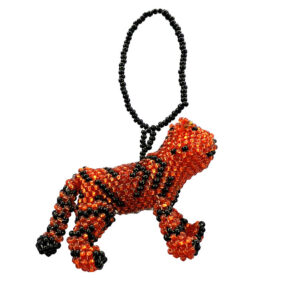 Handmade Czech glass seed bead animal figurine hanging ornament of a tiger in orange and black color combination.