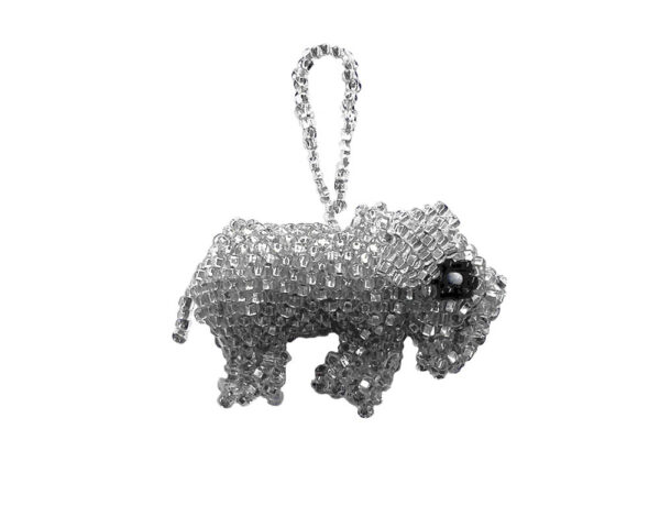 Handmade Czech glass seed bead animal figurine hanging ornament of an elephant in silver, gray, and black color combination.