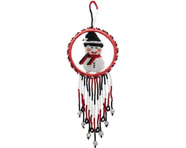 Handmade round Czech glass seed bead Christmas hanging ornament of a snowman in red, white, peach, and black color combination.