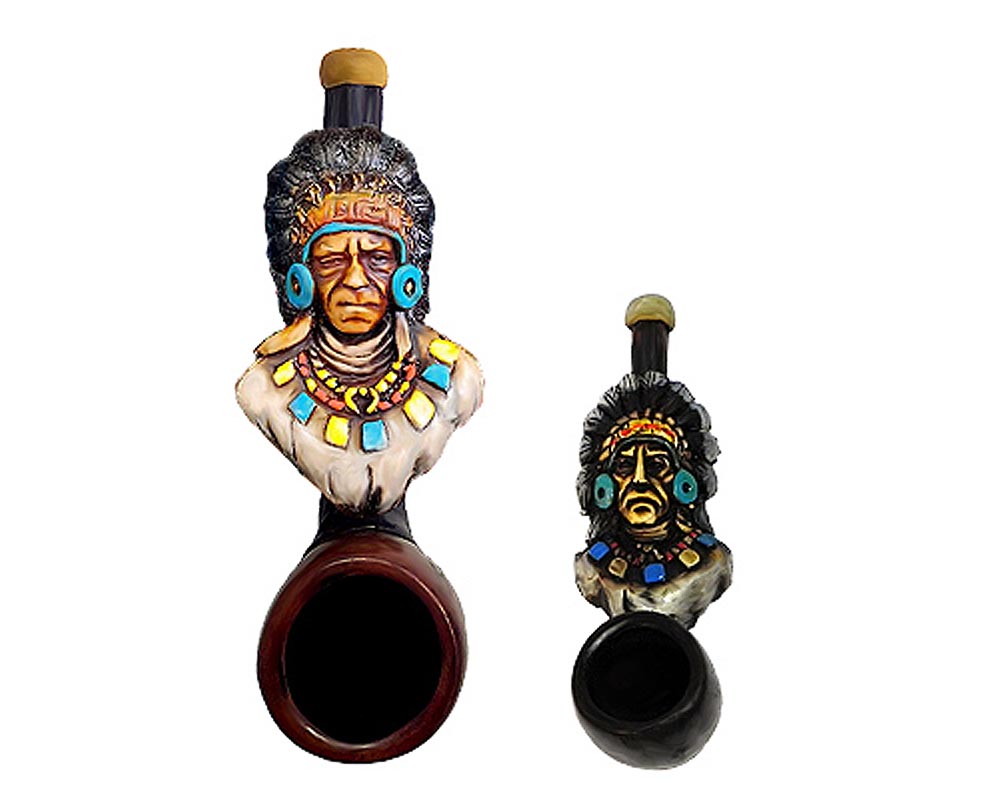 Handcrafted tobacco smoking hand pipe of a Native American historical figure, "American Horse", chief of the Oglala Lakota tribe in both mini and small sizes.