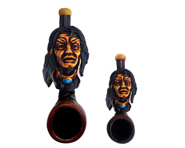 Handcrafted tobacco smoking hand pipe of a Native American historical figure, "Sitting Bull" in both mini and small sizes.