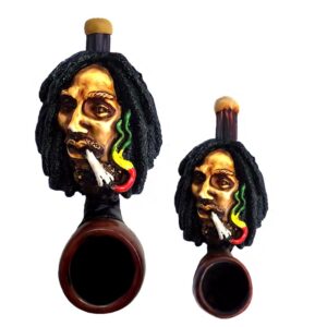Handcrafted tobacco smoking hand pipe of smoking Bob with Rasta-colored fumes in both mini and small sizes.