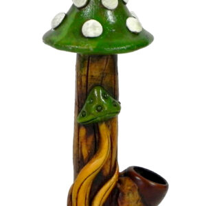 Handcrafted medium-sized tobacco smoking hand pipe of a tall Amanita magic mushroom with white spots in green color.