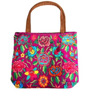 Handmade extra large tote purse bag with multicolored embroidered garden and floral designs and brown vegan leather suede handle in assorted colors. Color will vary from examples in image.