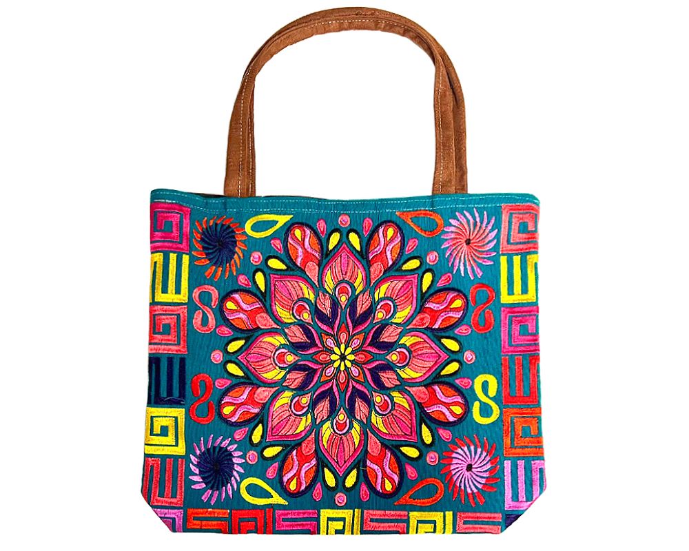 Handmade extra large tote purse bag with multicolored embroidered mandala and floral designs and brown vegan leather suede handle in assorted colors. Color will vary from examples in image.