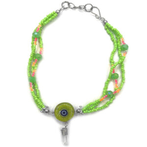 Handmade seed bead and crystal bead multi strand anklet with round-shaped clear acrylic resin and crushed chip stone inlay evil eye centerpiece and a clear quartz crystal point dangle in lime green, orange, pink, blue, black and white color combination.