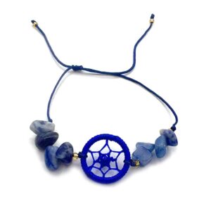 Handmade chip stone and string pull tie bracelet with round thread dream catcher centerpiece in blue and blue sodalite color combination.