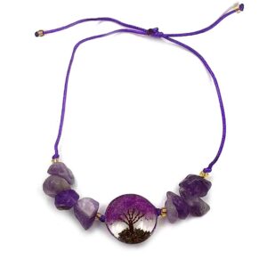 Handmade chip stone and string pull tie bracelet with round-shaped clear acrylic resin, copper wire, and crushed chip stone inlay tree of life centerpiece in purple amethyst and lavender color combination.