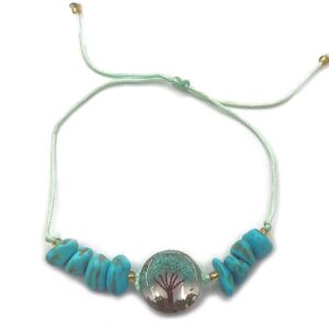Handmade chip stone and string pull tie bracelet with round-shaped clear acrylic resin, copper wire, and crushed chip stone inlay tree of life centerpiece in teal chrysocolla, turquoise howlite, and mint color combination.