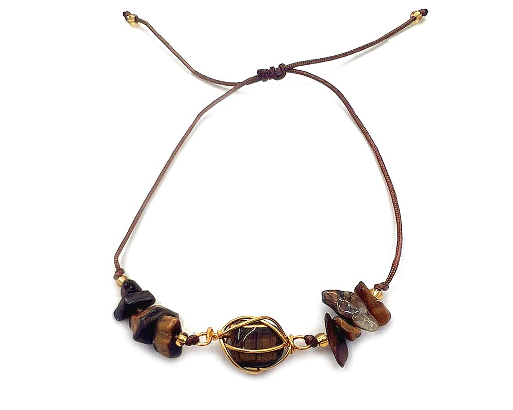 Handmade chip stone and string pull tie bracelet with golden-colored wire wrapped tumbled gemstone centerpiece in brown tiger's eye.