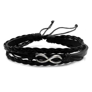 Handmade black leather braided multistrand bracelet with silver metal infinity charm centerpiece.
