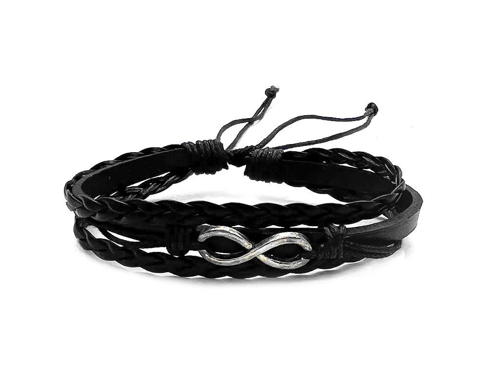 Handmade black leather braided multistrand bracelet with silver metal infinity charm centerpiece.