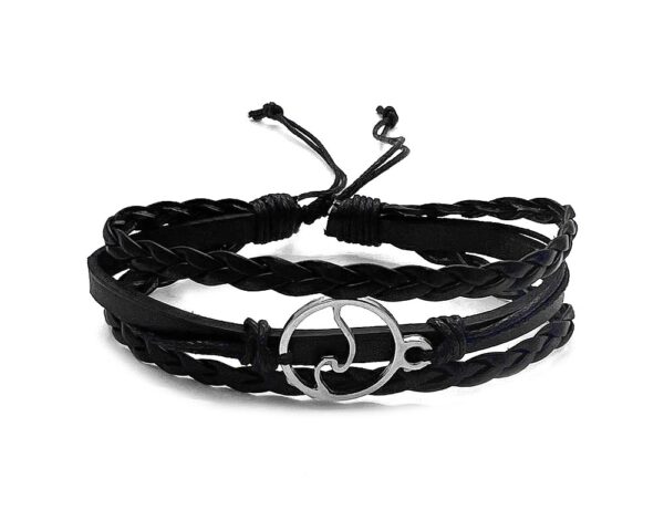 Handmade black leather braided multistrand bracelet with round silver metal wave charm centerpiece.