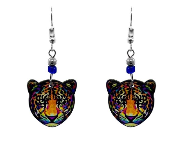 Handmade leopard face acrylic dangle earrings with beaded metal hooks in orange, black, and multicolored color combination.