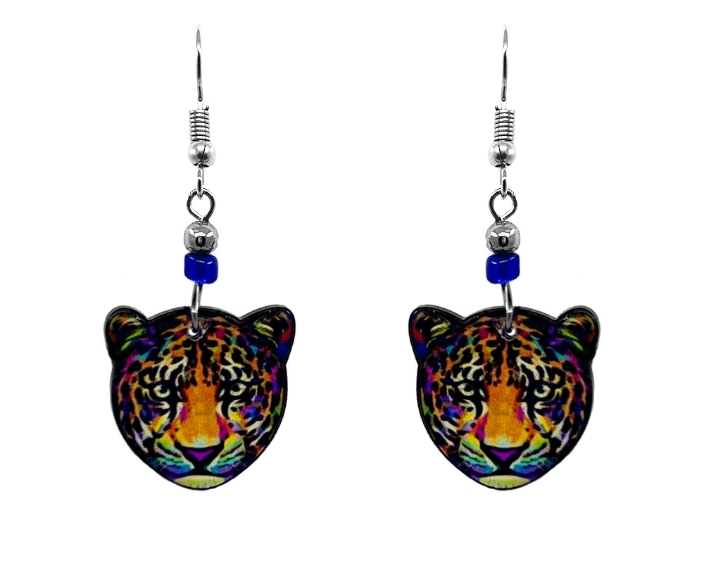Handmade leopard face acrylic dangle earrings with beaded metal hooks in orange, black, and multicolored color combination.