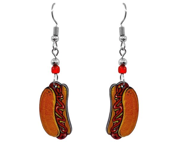 Handmade hotdog acrylic dangle earrings with beaded metal hooks in brown, tan, and red color combination.