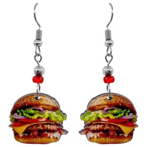 Handmade hamburger acrylic dangle earrings with beaded metal hooks in tan, brown, and multicolored color combination.