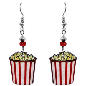 Handmade popcorn in red and white striped bag acrylic dangle earrings with beaded metal hook.