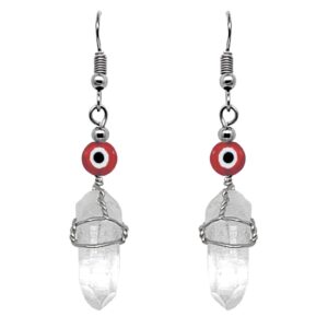 Handmade silver wire wrapped clear quartz crystal point earrings with evil eye bead in red, white, and black color combination.